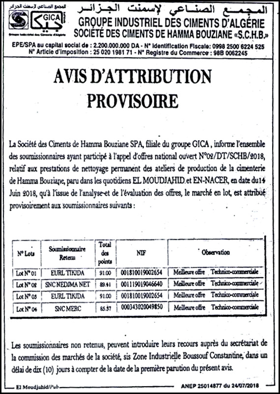L'AVIS D'ATTRIBUTION PROVISOIRE - AON O N02-DT-SCHB-2018_02