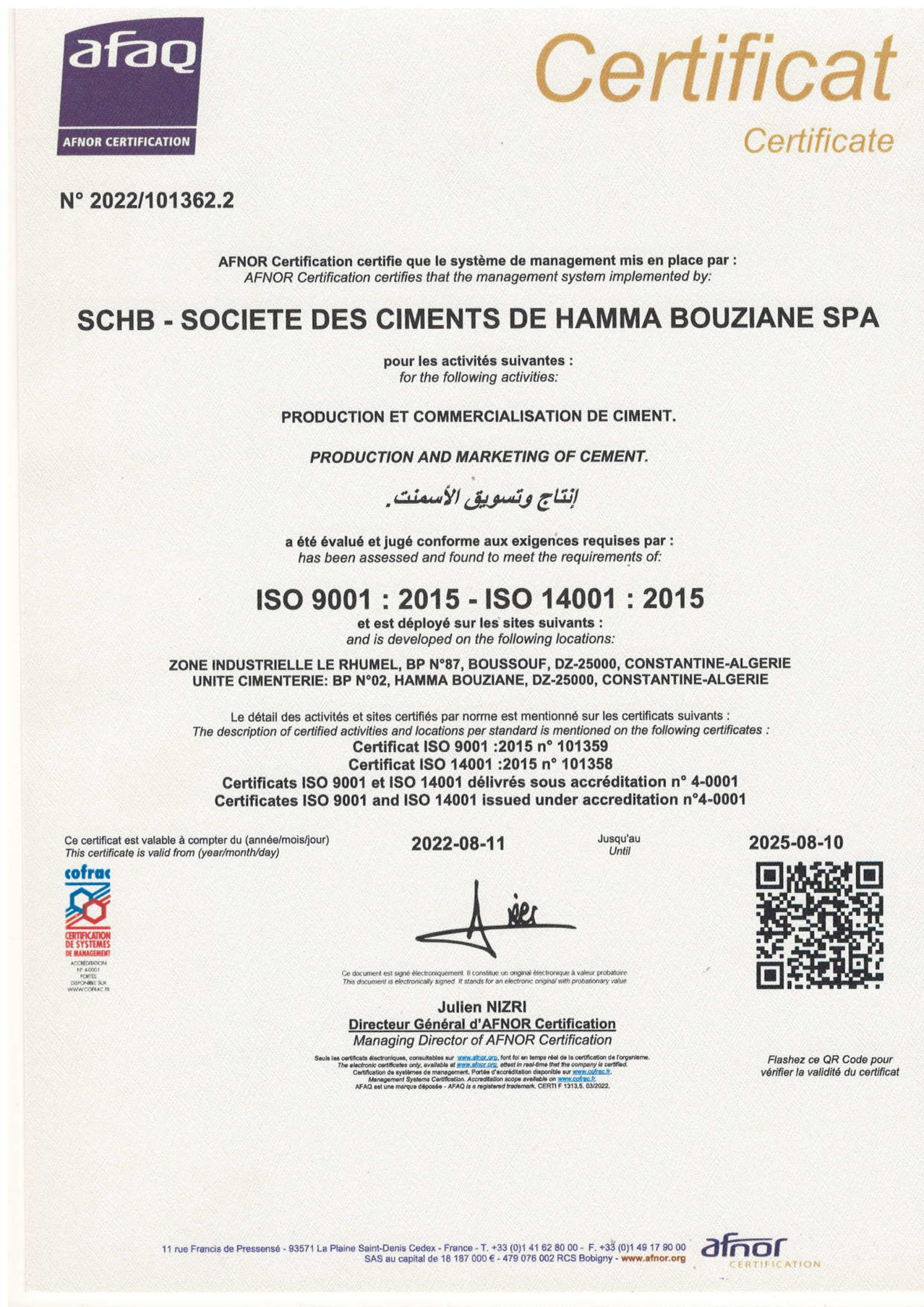 Certificats ISO 9001-14001 consolidés